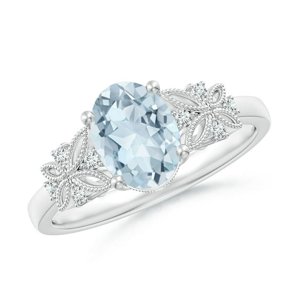 ANGARA Natural Vintage Style Oval 1 ct Aquamarine Ring with Diamonds in 14K White Gold for Women (Size-8x6mm) | March Birthstone, Anniversary, Jewelry Gift for Women | Natural Aquamarine Ring