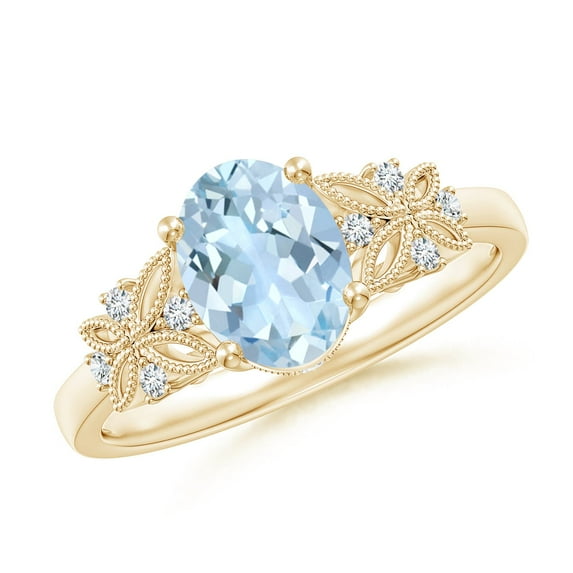 ANGARA Natural Vintage Style Oval 1 ct Aquamarine Ring with Diamonds in 14K Yellow Gold for Women (Size-8x6mm) | March Birthstone, Anniversary, Jewelry Gift for Women | Natural Aquamarine Ring