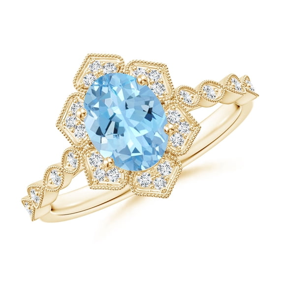 ANGARA Natural Oval 1 ct Aquamarine Trillium Floral Shank Ring in 14K Yellow Gold for Women (Size-8x6mm) | March Birthstone, Birthday, Anniversary, Jewelry Gift for Women | Natural Aquamarine Ring