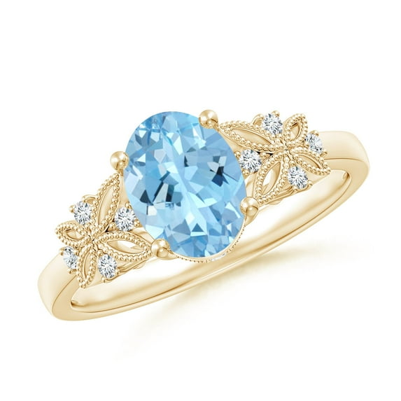 Angara Natural 1 Ct. Aquamarine with Diamond Vintage Inspired Ring in 14K Yellow Gold for Women (Ring Size: 11.5)