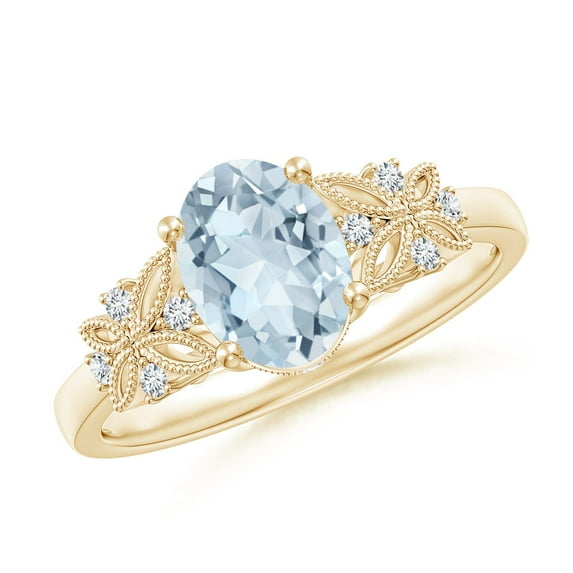 ANGARA Natural Vintage Style Oval 1 ct Aquamarine Ring with Diamonds in 14K Yellow Gold for Women (Size-8x6mm) | March Birthstone, Anniversary, Jewelry Gift for Women | Natural Aquamarine Ring