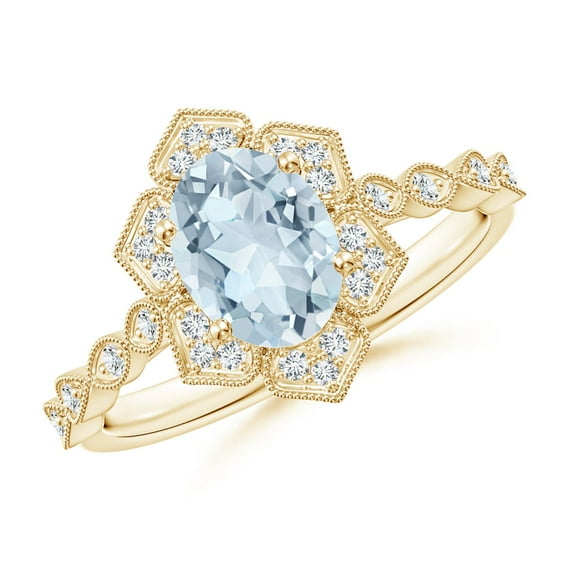 ANGARA Natural Oval 1 ct Aquamarine Trillium Floral Shank Ring in 14K Yellow Gold for Women (Size-8x6mm) | March Birthstone, Birthday, Anniversary, Jewelry Gift for Women | Natural Aquamarine Ring
