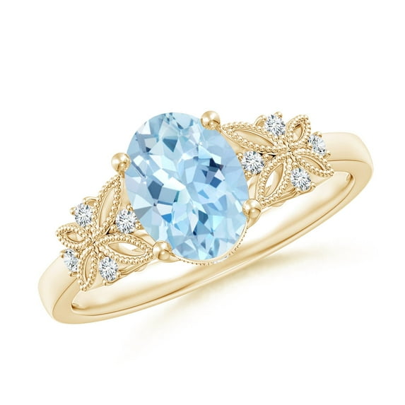 ANGARA Natural Vintage Style Oval 1 ct Aquamarine Ring with Diamonds in 14K Yellow Gold for Women (Size-8x6mm) | March Birthstone, Anniversary, Jewelry Gift for Women | Natural Aquamarine Ring