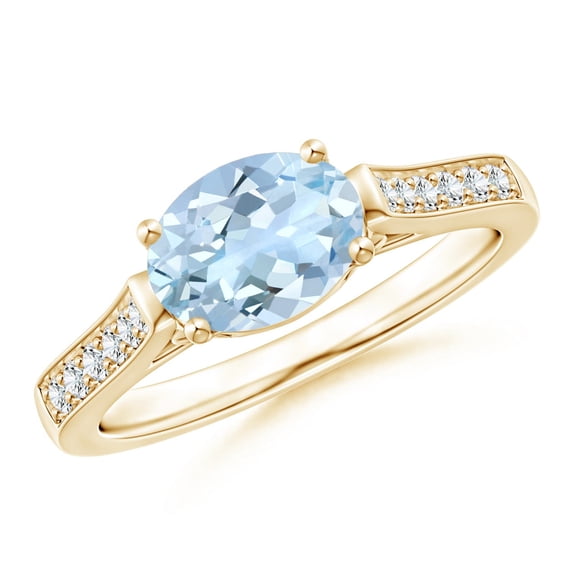ANGARA Natural Oval 1 ct Aquamarine Solitaire Ring with Diamonds in 14K Yellow Gold for Women (Size-8x6mm) | March Birthstone, Birthday, Anniversary, Jewelry Gift for Women | Natural Aquamarine Ring