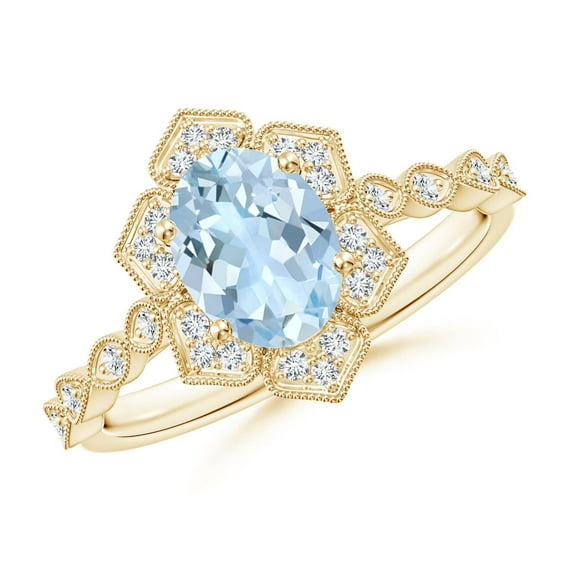 ANGARA Natural Oval 1 ct Aquamarine Trillium Floral Shank Ring in 14K Yellow Gold for Women (Size-8x6mm) | March Birthstone, Birthday, Anniversary, Jewelry Gift for Women | Natural Aquamarine Ring