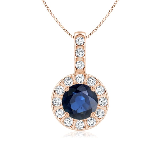 ANGARA Natural 1 ct Blue Sapphire Pendant with Bar-Set Diamond Halo in 14K Rose Gold for Women (Size-6mm) | September Birthstone, Anniversary, Jewelry Gift for Women | Natural Blue Sapphire Necklace