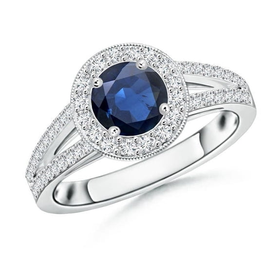 ANGARA Natural Round 1 ct Blue Sapphire Split Shank Ring with Diamond Halo in 14K White Gold for Women (Size-6mm) | September Birthstone, Anniversary, Jewelry Gift for Women | Natural Sapphire Ring
