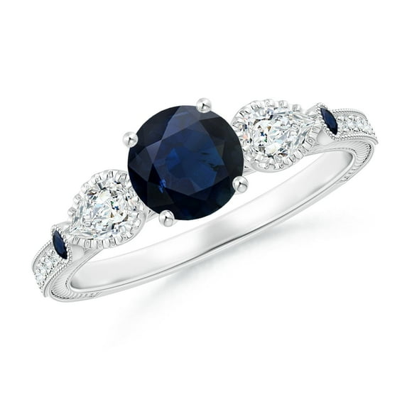 ANGARA Natural 1 Ct Aeon Sapphire & Diamond 3 Stone Engagement Ring in 14K White Gold for Women (Size-6mm) | September Birthstone, Anniversary, Jewelry Gift for Women | Natural Sapphire Ring