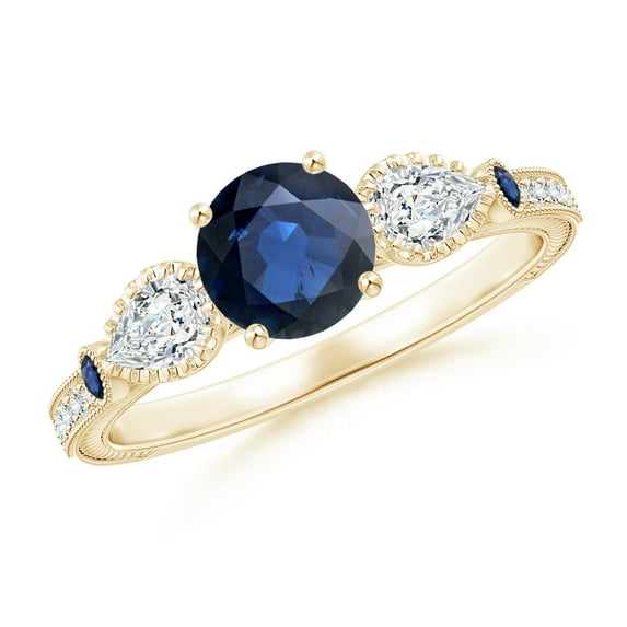 ANGARA Natural 1 Ct Aeon Sapphire & Diamond 3 Stone Engagement Ring in 14K Yellow Gold for Women (Size-6mm) | September Birthstone, Anniversary, Jewelry Gift for Women | Natural Sapphire Ring