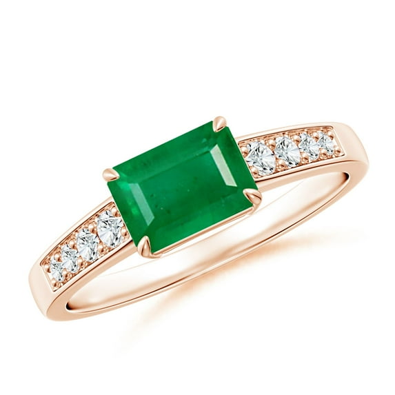 ANGARA Natural 1 Ct East West Emerald Solitaire Ring with Diamond Accents in 14K Rose Gold for Women (Size-7x5mm) | May Birthstone, Anniversary, Jewelry Gift for Women | Natural Emerald Ring
