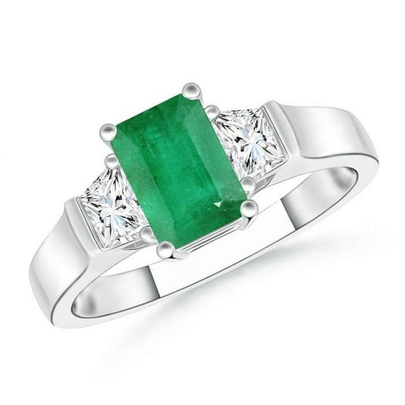 ANGARA Natural 1 Ct Emerald-Cut Emerald and Trapezoid Diamond Three Stone Ring in 14K White Gold for Women (Size-7x5mm) | May Birthstone, Anniversary, Jewelry Gift for Women | Natural Emerald Ring