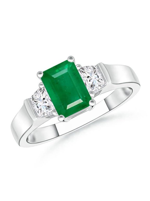Natural 1 Ct. Emerald with Diamond Classic Ring in Sterling Silver for Women (Ring Size: 6)