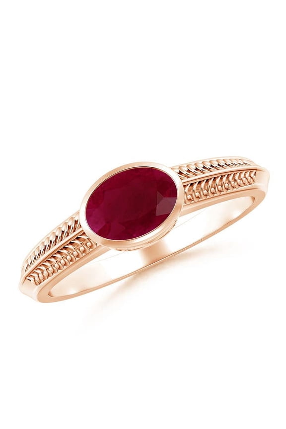 Natural Vintage Inspired Bezel-Set Oval 1 ct Ruby Ring with Grooves in 14K Rose Gold for Women (Size-7x5mm) | July Birthstone, Birthday, Anniversary, Jewelry Gift for Women | Natural Ruby Ring