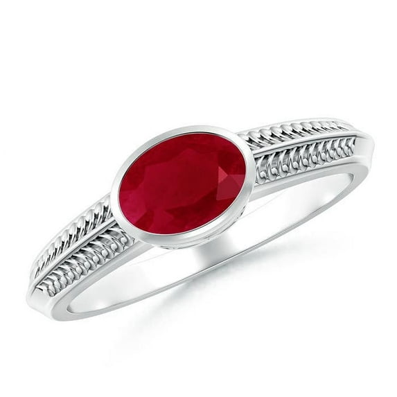 ANGARA Natural Vintage Inspired Bezel-Set Oval 1 ct Ruby Ring with Grooves in 14K White Gold for Women (Size-7x5mm) | July Birthstone, Anniversary, Jewelry Gift for Women | Natural Ruby Ring
