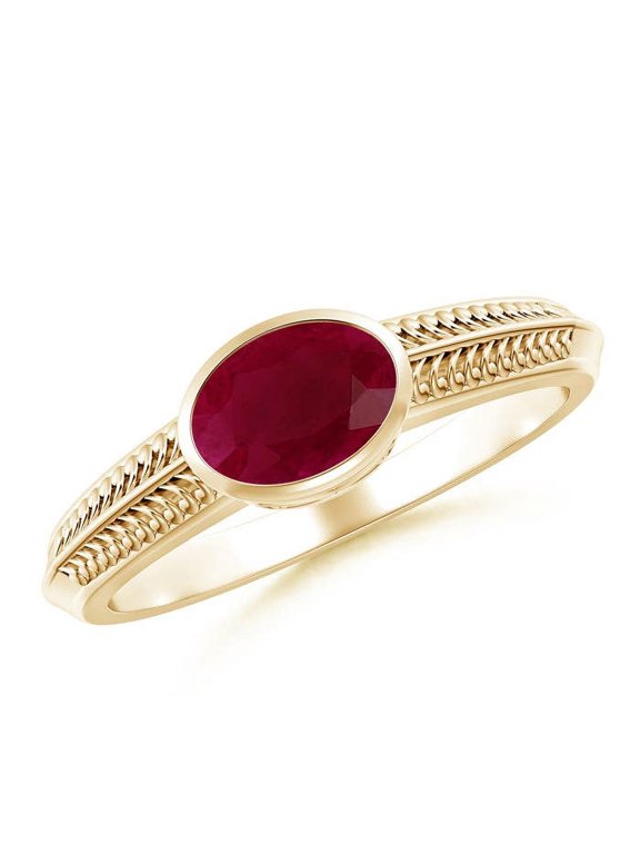 Natural Vintage Inspired Bezel-Set Oval 1 ct Ruby Ring with Grooves in 14K Yellow Gold for Women (Size-7x5mm) | July Birthstone, Anniversary, Jewelry Gift for Women | Natural Ruby Ring