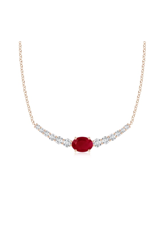 Natural Oval 1 ct Ruby Curved Bar Necklace with Diamonds in 14K Rose Gold for Women (Size-7x5mm) | July Birthstone, Birthday, Anniversary, Jewelry Gift for Women | Natural Ruby Necklace