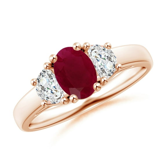 ANGARA Natural Three Stone Oval 1 ct Ruby and Half Moon Diamond Ring in 14K Rose Gold for Women (Size-7x5mm) | July Birthstone, Birthday, Anniversary, Jewelry Gift for Women | Natural Ruby Ring