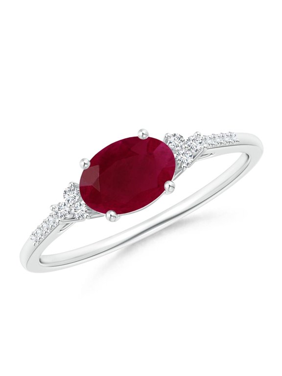 Natural Horizontally Set 1 ct Ruby Engagement Ring with Trio Diamond Accents in 14K White Gold for Women (Size-7x5mm) | July Birthstone, Anniversary, Jewelry Gift for Women | Natural Ruby Ring