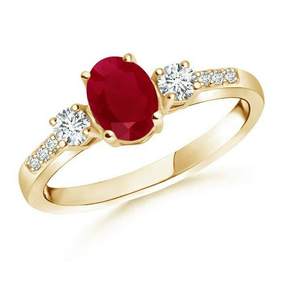 ANGARA Natural Classic Oval 1 ct Ruby and Diamond Three Stone Engagement Ring in 14K Yellow Gold for Women (Size-7x5mm) | July Birthstone, Anniversary, Jewelry Gift for Women | Natural Ruby Ring