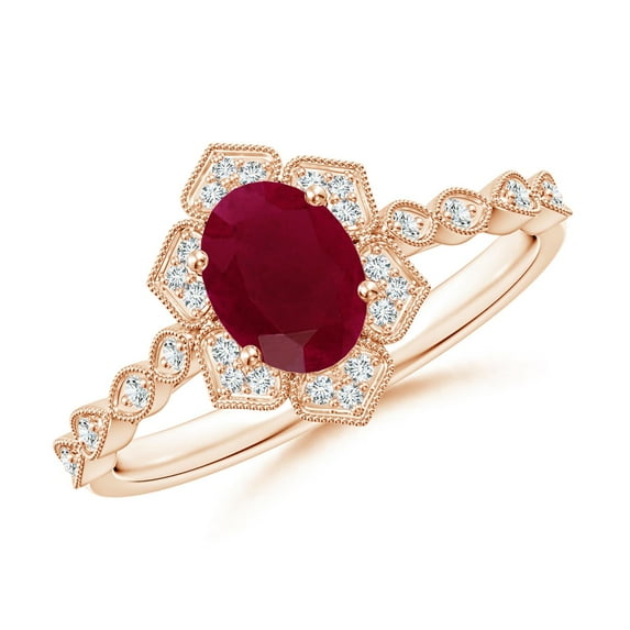 ANGARA Natural Oval 1 ct Ruby Trillium Floral Shank Ring in 14K Rose Gold for Women (Size-7x5mm) | July Birthstone, Birthday, Anniversary, Jewelry Gift for Women | Natural Ruby Ring