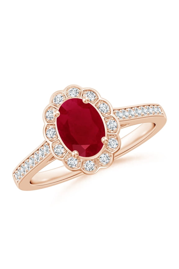 Natural Vintage Style 1 ct Ruby & Diamond Scalloped Halo Ring in 14K Rose Gold for Women (Size-7x5mm) | July Birthstone, Birthday, Anniversary, Jewelry Gift for Women | Natural Ruby Ring