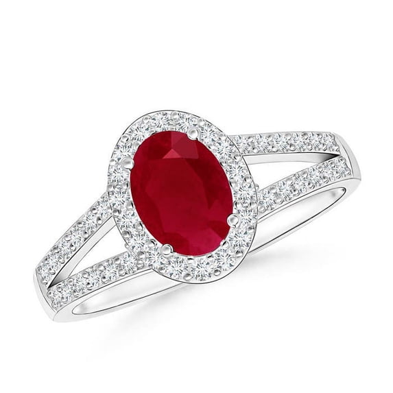 ANGARA Natural Oval 1 ct Ruby Split Shank Halo Engagement Ring in 14K White Gold for Women (Size-7x5mm) | July Birthstone, Birthday, Anniversary, Jewelry Gift for Women | Natural Ruby Ring