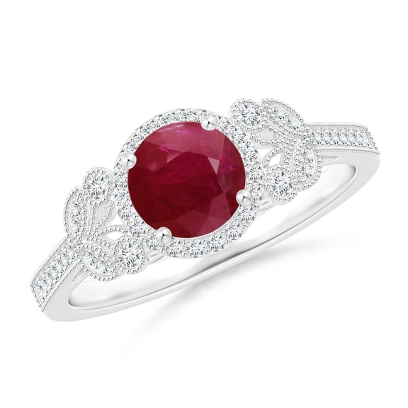 ANGARA Natural Aeon 1 ct Ruby Halo Leaf & Vine Engagement Ring with Milgrain in 14K White Gold for Women (Size-6mm) | July Birthstone, Anniversary, Jewelry Gift for Women | Natural Ruby Ring