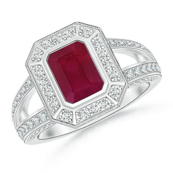 ANGARA Natural Vintage Style Emerald-Cut 1 ct Ruby Split Shank Halo Ring in 14K White Gold for Women (Size-7x5mm) | July Birthstone, Birthday, Anniversary, Jewelry Gift for Women | Natural Ruby Ring