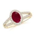 thumbnail image 1 of ANGARA Natural Oval 1 ct Ruby Split Shank Halo Engagement Ring in 14K Yellow Gold for Women (Size-7x5mm) | July Birthstone, Birthday, Anniversary, Jewelry Gift for Women | Natural Ruby Ring, 1 of 10