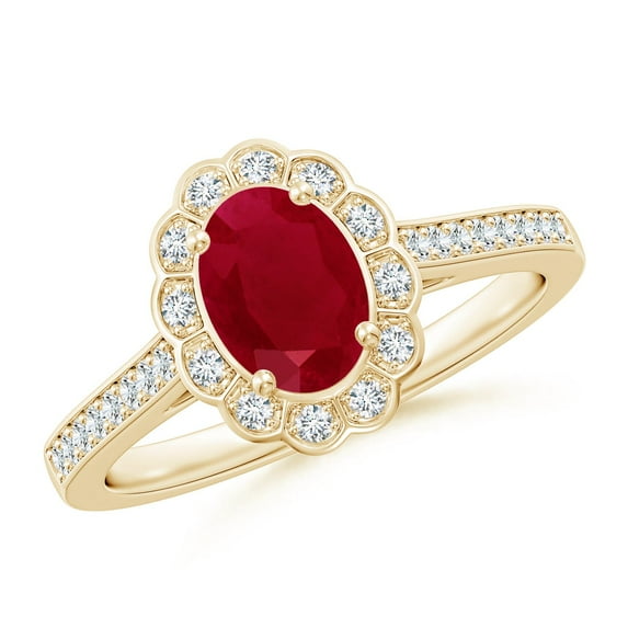 ANGARA Natural Vintage Style 1 ct Ruby & Diamond Scalloped Halo Ring in 14K Yellow Gold for Women (Size-7x5mm) | July Birthstone, Birthday, Anniversary, Jewelry Gift for Women | Natural Ruby Ring