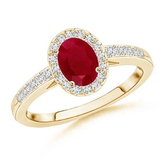 ANGARA Natural Classic Oval 1 ct Ruby Halo Engagement Ring with Diamond Accents in 14K Yellow Gold for Women (Size-7x5mm) | July Birthstone, Anniversary, Jewelry Gift for Women | Natural Ruby Ring