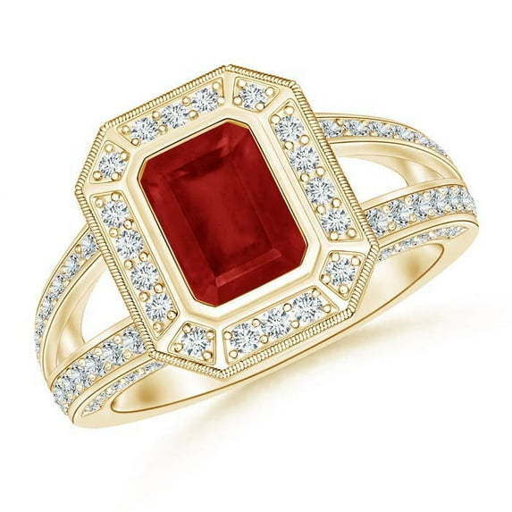ANGARA Natural Vintage Style Emerald-Cut 1 ct Ruby Split Shank Halo Ring in 14K Yellow Gold for Women (Size-7x5mm) | July Birthstone, Birthday, Anniversary, Jewelry Gift for Women | Natural Ruby Ring