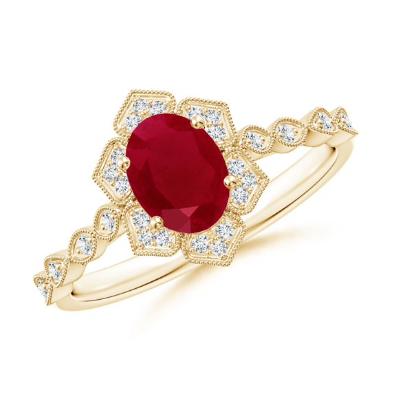ANGARA Natural Oval 1 ct Ruby Trillium Floral Shank Ring in 14K Yellow Gold for Women (Size-7x5mm) | July Birthstone, Birthday, Anniversary, Jewelry Gift for Women | Natural Ruby Ring