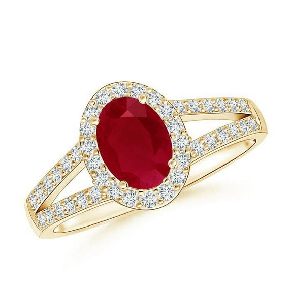 ANGARA Natural Oval 1 ct Ruby Split Shank Halo Engagement Ring in 14K Yellow Gold for Women (Size-7x5mm) | July Birthstone, Birthday, Anniversary, Jewelry Gift for Women | Natural Ruby Ring