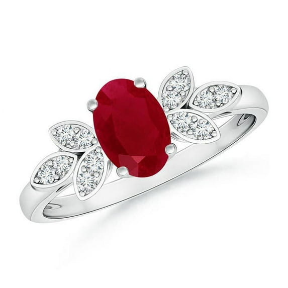 ANGARA Natural Vintage Style Oval 1 ct Ruby Ring with Diamond Accents in 14K White Gold for Women (Size-7x5mm) | July Birthstone, Birthday, Anniversary, Jewelry Gift for Women | Natural Ruby Ring