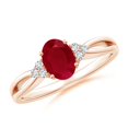 thumbnail image 1 of ANGARA Natural Solitaire 1 ct Ruby Split Shank Engagement Ring with Trio Diamonds in 14K Rose Gold for Women (Size-7x5mm) | July Birthstone, Anniversary, Jewelry Gift for Women | Natural Ruby Ring, 1 of 9