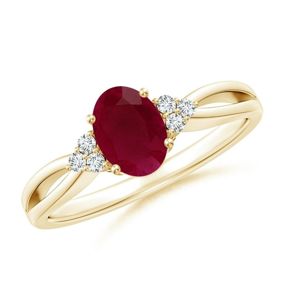 ANGARA Natural Solitaire 1 ct Ruby Split Shank Engagement Ring with Trio Diamonds in 14K Yellow Gold for Women (Size-7x5mm) | July Birthstone, Anniversary, Jewelry Gift for Women | Natural Ruby Ring
