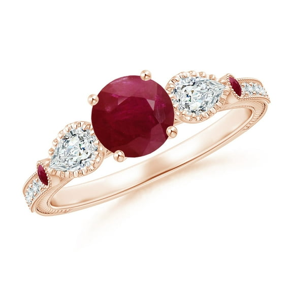 ANGARA Natural Aeon 1 ct Ruby & Diamond Three Stone Engagement Ring with Milgrain in 14K Rose Gold for Women (Size-6mm) | July Birthstone, Anniversary, Jewelry Gift for Women | Natural Ruby Ring