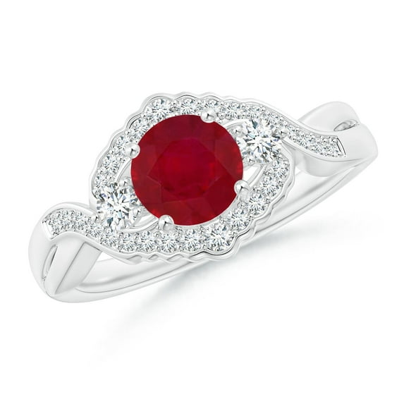 ANGARA Natural Aeon 1 ct Ruby & Diamond Floral Halo Three Stone Engagement Ring in 14K White Gold for Women (Size-6mm) | July Birthstone, Anniversary, Jewelry Gift for Women | Natural Ruby Ring