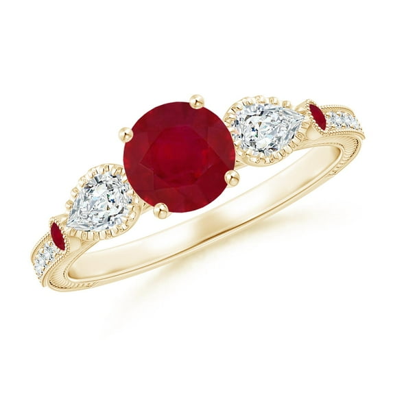 ANGARA Natural Aeon 1 ct Ruby & Diamond Three Stone Engagement Ring with Milgrain in 14K Yellow Gold for Women (Size-6mm) | July Birthstone, Anniversary, Jewelry Gift for Women | Natural Ruby Ring