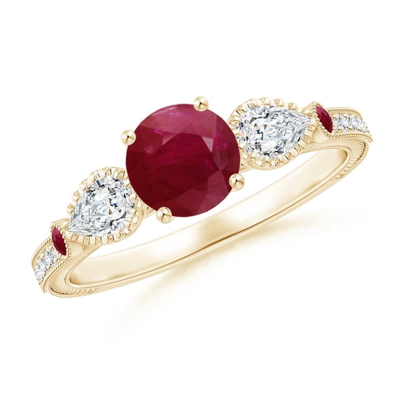 ANGARA Natural Aeon 1 ct Ruby & Diamond Three Stone Engagement Ring with Milgrain in 14K Yellow Gold for Women (Size-6mm) | July Birthstone, Anniversary, Jewelry Gift for Women | Natural Ruby Ring