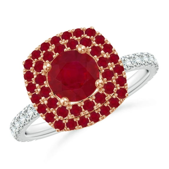 ANGARA Natural Round 1 ct Ruby Two Tone Ring with Double Halo in 14K White & Rose Gold for Women (Size-6mm) | July Birthstone Jewelry for Her | Natural Ruby Rings