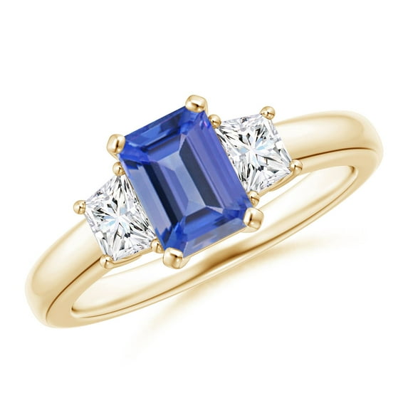 ANGARA Natural 1 ct Tanzanite and Diamond Three Stone Ring in 14K Yellow Gold for Women (Size-7x5mm) | December Birthstone, Birthday, Anniversary, Jewelry Gift for Women | Natural Tanzanite Ring