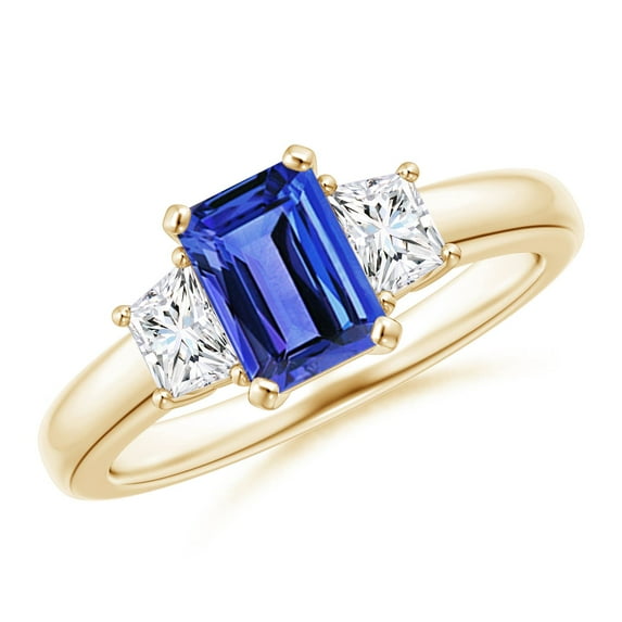 ANGARA Natural 1 ct Tanzanite and Diamond Three Stone Ring in 14K Yellow Gold for Women (Size-7x5mm) | December Birthstone, Birthday, Anniversary, Jewelry Gift for Women | Natural Tanzanite Ring