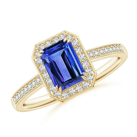 ANGARA Natural 1 ct Tanzanite Engagement Ring with Diamond Halo in 14K Yellow Gold for Women (Size-7x5mm) | December Birthstone, Anniversary, Jewelry Gift for Women | Natural Tanzanite Ring