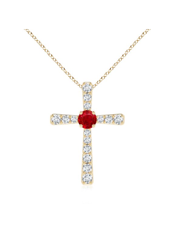 Natural 1 ct Ruby Cross Pendant Necklace for Women in 14K Yellow Gold (Size-6mm) – July Birthstone Jewelry | Round Ruby Cross Necklace