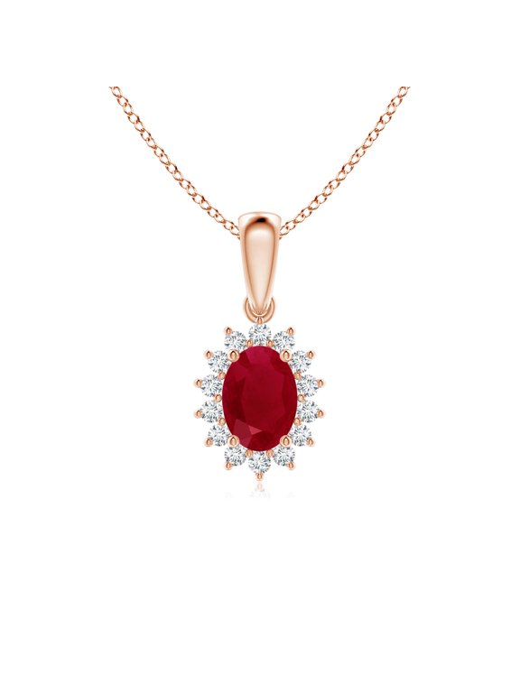 Natural 1 ct Ruby Pendant Necklace in 14K Rose Gold for Women – July Birthstone Jewelry | Oval Ruby Pendant with Floral Diamond Halo