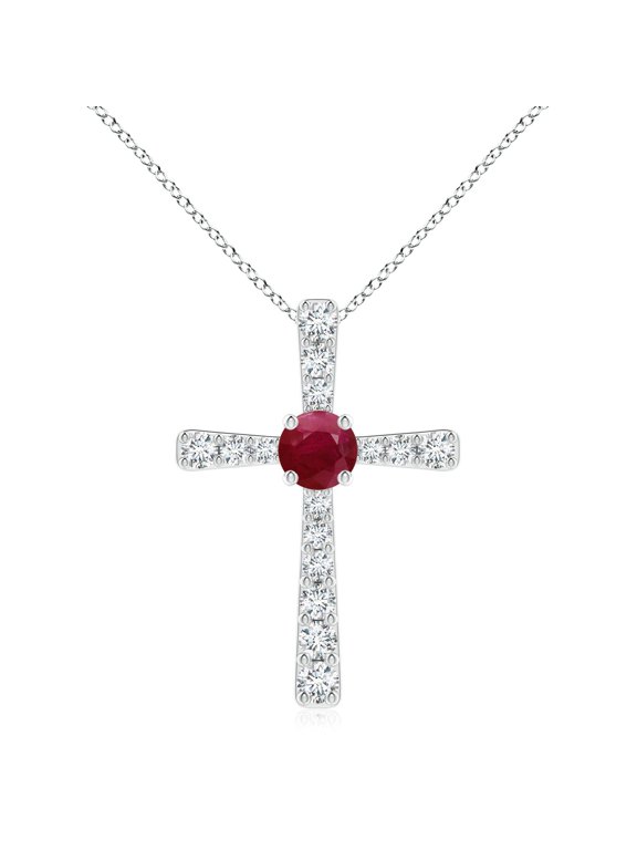 Natural 2.1 ct Ruby and Diamond Cross Pendant Necklace in Platinum for Women (Size-8mm) – July Birthstone Jewelry | Round Ruby Cross Necklace