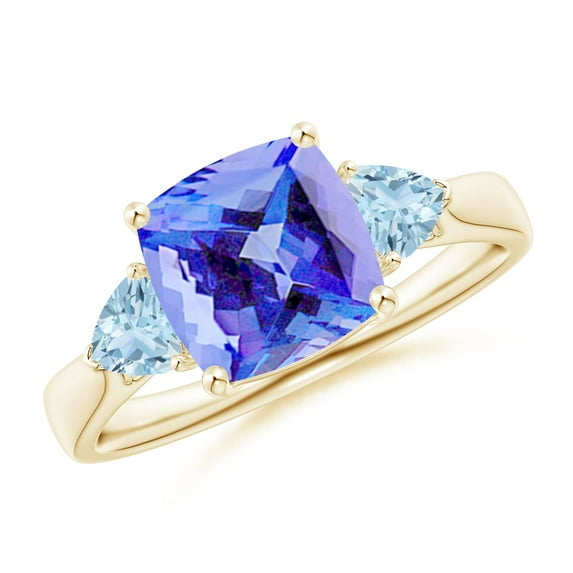 ANGARA Natural Cushion 2.15 ct Tanzanite & Trillion Aquamarine 3 Stone Ring in 14K Yellow Gold for Women (Size-8mm) | December Birthstone, Anniversary, Jewelry Gift for Women | Natural Tanzanite Ring