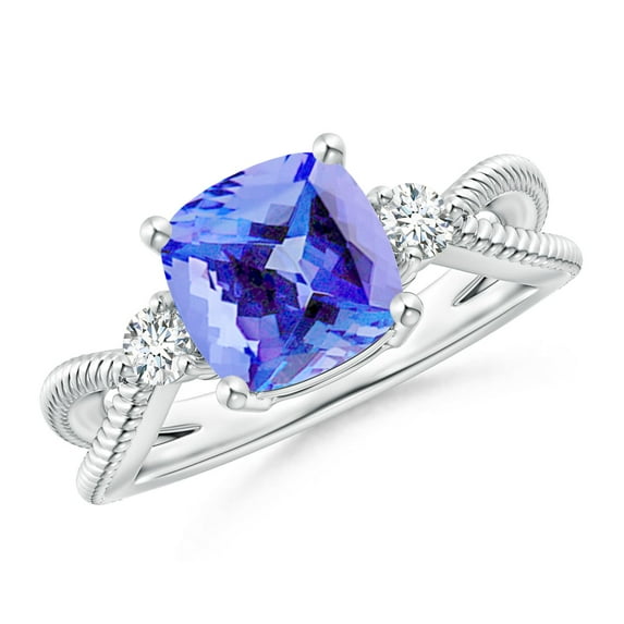 ANGARA Natural Cushion 2.15 ct Tanzanite Split Shank Ring with Rope Detailing in 14K White Gold for Women (Size-8mm) | December Birthstone, Anniversary Jewelry Gift for Women | Natural Tanzanite Ring